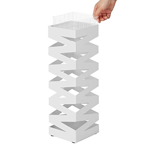SONGMICS Paragüero Cuadrado, Soporte de Paragüas, con Gancho, Bandeja de Goteo, 49 x 15,5 x 15,5 cm, Blanco LUC16W
