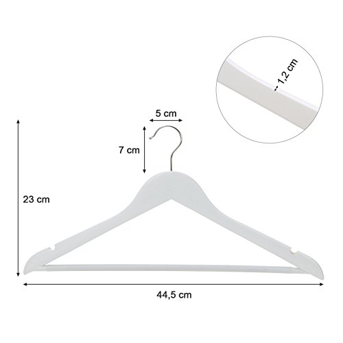 SONGMICS Perchas de Madera de Arce, Set de 20, con Barra para Pantalones, Gancho Giratorio a 360°, Multifuncionales, Gancho Cromado Muescas, Blanco CRW03W-20