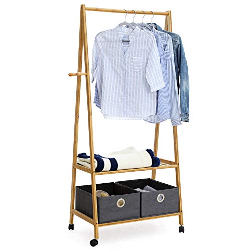 SONGMICS Perchero de Bambú, Zapatero, Colgador para Ropa, Estantería de 2 Baldas, con 4 Ruedas RCR52N
