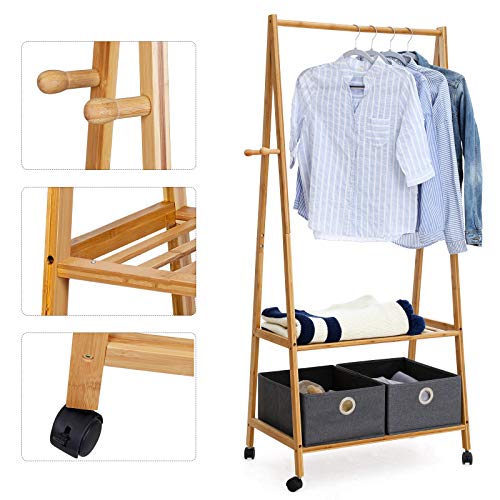 SONGMICS Perchero de Bambú, Zapatero, Colgador para Ropa, Estantería de 2 Baldas, con 4 Ruedas RCR52N