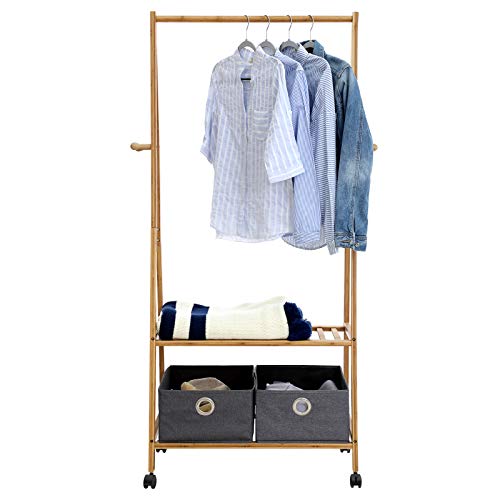 SONGMICS Perchero de Bambú, Zapatero, Colgador para Ropa, Estantería de 2 Baldas, con 4 Ruedas RCR52N