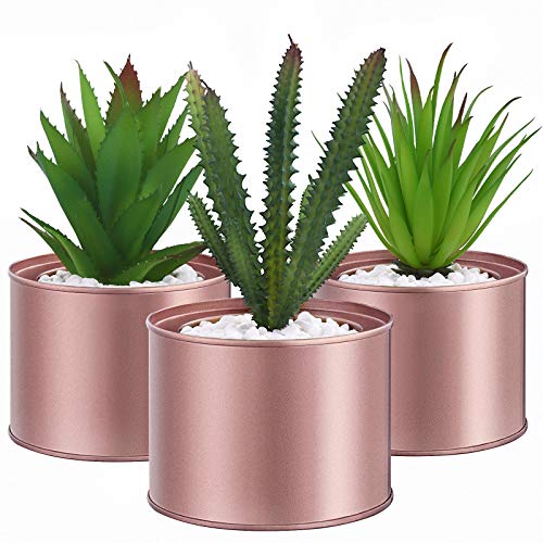 SONGMICS Plantas Artificiales en Maceta, Juego de 3, Plantas Falsas, Plantas Decorativas para Sala de Estar, Oficina, Librería, Decoración de Mesa, Macetas Doradas de Rosa, Plantas Verdes LAP204A02