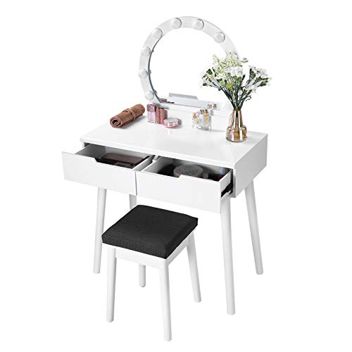 SONGMICS RDT11WL-Tocador con Espejo y Bombillas, para un Maquillaje, Taburete Acolchado, 2 cajones Grandes, Color Blanco, Madera, 80 x 40 x 130,5 cm