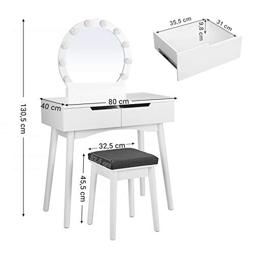 SONGMICS RDT11WL-Tocador con Espejo y Bombillas, para un Maquillaje, Taburete Acolchado, 2 cajones Grandes, Color Blanco, Madera, 80 x 40 x 130,5 cm