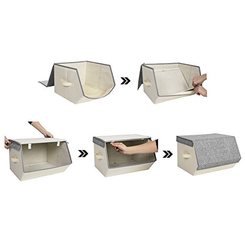 Songmics RLB02G - Juego de 2 cajas plegables para juguetes para niños, apilables, con cierre magnético y soporte de alambre de hierro, 38 x 25 x 35 cm, color gris, RLB02G, tela beige