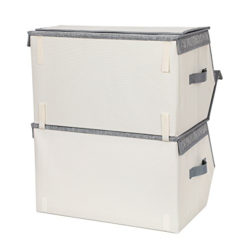 Songmics RLB02G - Juego de 2 cajas plegables para juguetes para niños, apilables, con cierre magnético y soporte de alambre de hierro, 38 x 25 x 35 cm, color gris, RLB02G, tela beige