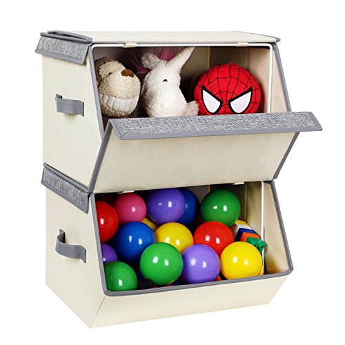 Songmics RLB02G - Juego de 2 cajas plegables para juguetes para niños, apilables, con cierre magnético y soporte de alambre de hierro, 38 x 25 x 35 cm, color gris, RLB02G, tela beige