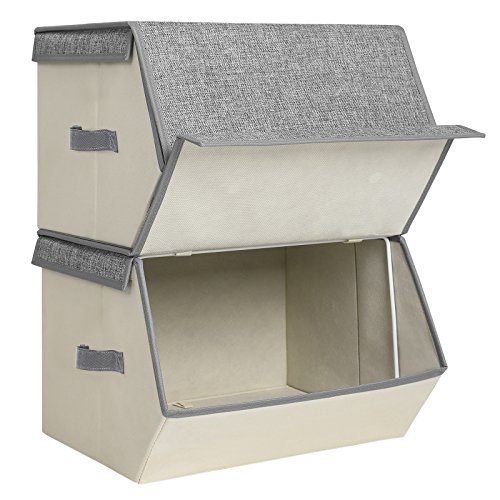 Songmics RLB02G - Juego de 2 cajas plegables para juguetes para niños, apilables, con cierre magnético y soporte de alambre de hierro, 38 x 25 x 35 cm, color gris, RLB02G, tela beige