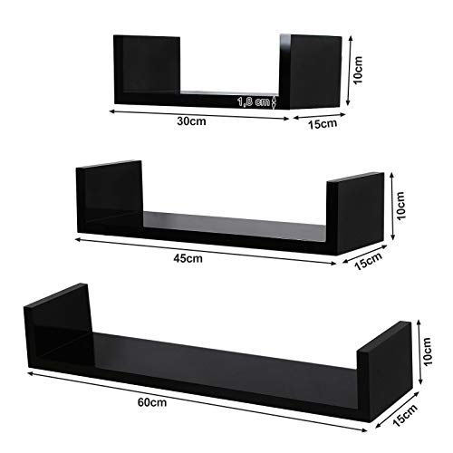 SONGMICS Set de 3 Estantes de Pared, Estantes Flotantes, 30/45/60 cm, Decorativos, Creativos, para Habitación, Salón, Cocina, Pasillo, Capacidad de Carga de 15 kg, Negro LWS66B