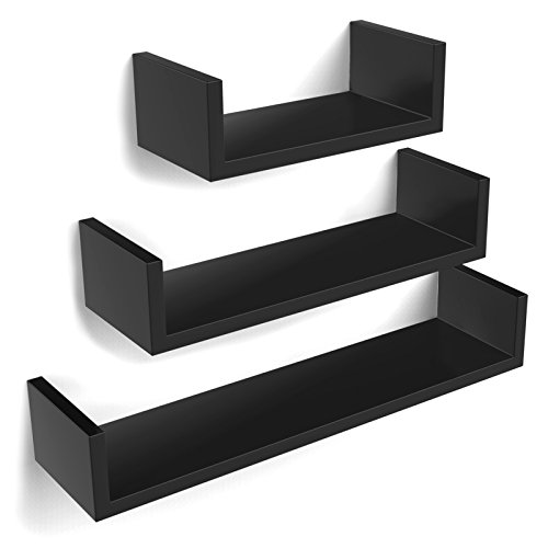 SONGMICS Set de 3 Estantes de Pared, Estantes Flotantes, 30/45/60 cm, Decorativos, Creativos, para Habitación, Salón, Cocina, Pasillo, Capacidad de Carga de 15 kg, Negro LWS66B