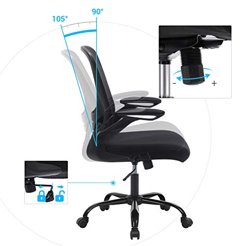 SONGMICS Silla de Oficina con Reposabrazos Abatible, Silla de Escritorio Giratorio 360°, Apoyo Lumbar Ajustable, Ahorro de Espacio, Negro OBN37BK