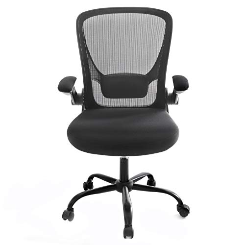 SONGMICS Silla de Oficina con Reposabrazos Abatible, Silla de Escritorio Giratorio 360°, Apoyo Lumbar Ajustable, Ahorro de Espacio, Negro OBN37BK