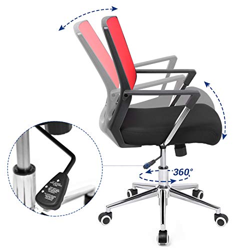 SONGMICS Silla Giratoria de Oficina, Silla de Escritorio de Malla, Marco de Acero Cromado, Regulable en Altura, con Función de Inclinación, Máx. Capacidad de Carga de 150 kg, Rojo y Negro OBN83RD