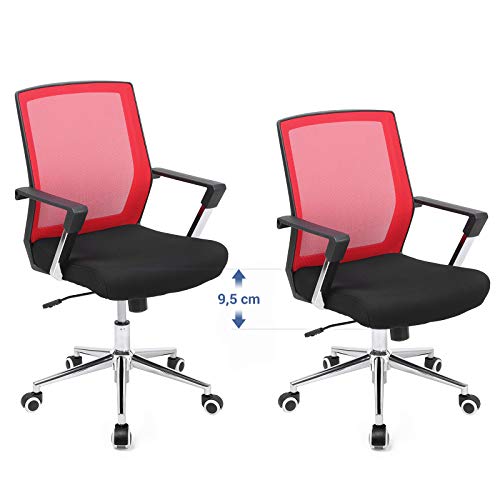 SONGMICS Silla Giratoria de Oficina, Silla de Escritorio de Malla, Marco de Acero Cromado, Regulable en Altura, con Función de Inclinación, Máx. Capacidad de Carga de 150 kg, Rojo y Negro OBN83RD