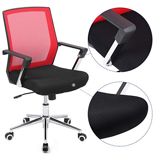 SONGMICS Silla Giratoria de Oficina, Silla de Escritorio de Malla, Marco de Acero Cromado, Regulable en Altura, con Función de Inclinación, Máx. Capacidad de Carga de 150 kg, Rojo y Negro OBN83RD