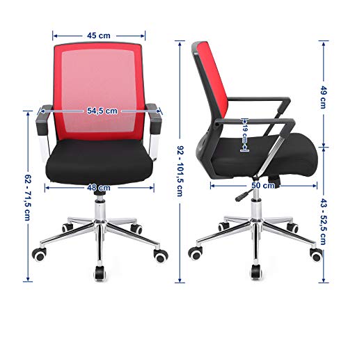 SONGMICS Silla Giratoria de Oficina, Silla de Escritorio de Malla, Marco de Acero Cromado, Regulable en Altura, con Función de Inclinación, Máx. Capacidad de Carga de 150 kg, Rojo y Negro OBN83RD