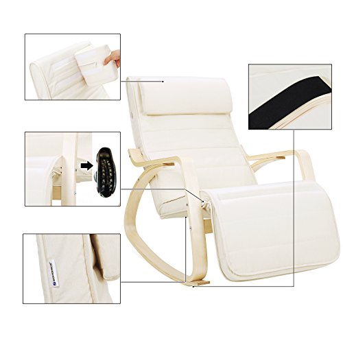 SONGMICS Silla Mecedora con Apoyabrazos de Madera de Abedul, Silla Mecedora con Reposapiés Ajustable en 5 Posiciones, Capacidad de Carga Máxima 150 kg, Dormitorio, Salón, Beige LYY10M