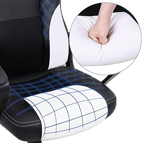 SONGMICS Silla Racing, Silla de Oficina con Mecanismo de Inclinación, Silla de Juegos, Respaldo en Forma de S, Apto para Columna Lumbar, Carga de 150 kg, Cuero Sintético, Blanco y Negro OBG38BW