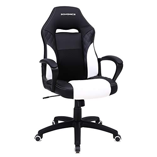 SONGMICS Silla Racing, Silla de Oficina con Mecanismo de Inclinación, Silla de Juegos, Respaldo en Forma de S, Apto para Columna Lumbar, Carga de 150 kg, Cuero Sintético, Blanco y Negro OBG38BW