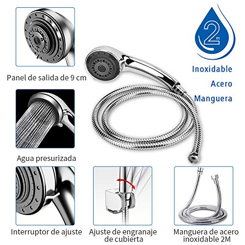 SOONAN Alcachofa de Ducha con Alta Presión 7 Modos de Chorro de Agua Universal Cabezal de Ducha con el Tubo Flexible 2M de Acero Inoxidable