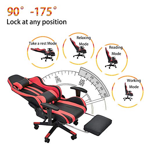 Soontrans Silla Gaming con Reposapies Ergonómica Silla Gamer Computadora Oficina con Reposacabeza Apoyo y Cojín Lumbar, Reposabrazos Ajustable, para Los Jugadores de PC Gamer (Rojo)