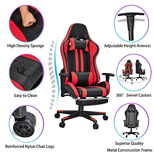 Soontrans Silla Gaming con Reposapies Ergonómica Silla Gamer Computadora Oficina con Reposacabeza Apoyo y Cojín Lumbar, Reposabrazos Ajustable, para Los Jugadores de PC Gamer (Rojo)