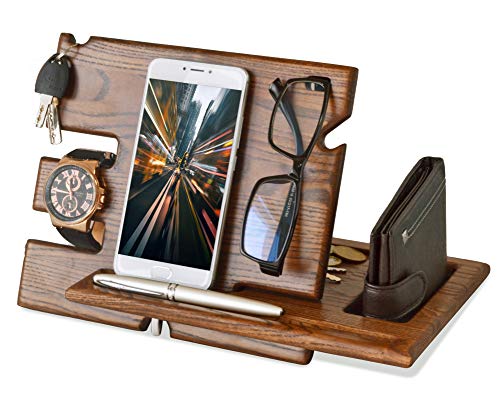 Soporte de madera para teléfono móvil soporte para llaves de ceniza organizador de relojes regalo para hombres marido esposa aniversario papá