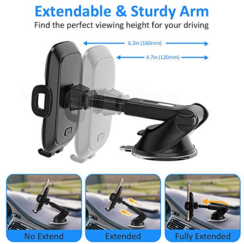 Soporte Móvil Coche, 360° Rotación Salpicadero Soporte Móvil para Coche con Brazo Ajustable, Universal Parabrisas Soporte Telefono Coche con Ventosa Fuerte para la Mayoría de los Teléfonos
