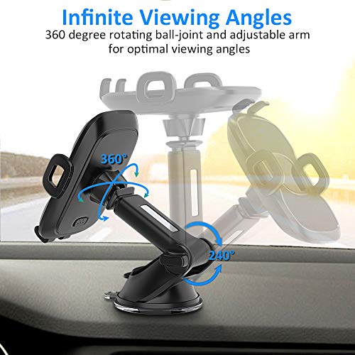 Soporte Móvil Coche, 360° Rotación Salpicadero Soporte Móvil para Coche con Brazo Ajustable, Universal Parabrisas Soporte Telefono Coche con Ventosa Fuerte para la Mayoría de los Teléfonos