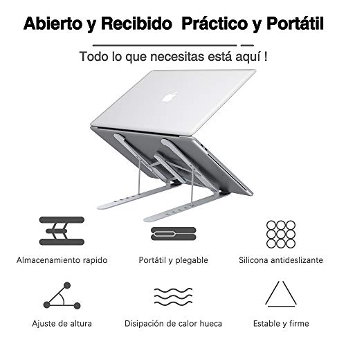 Soporte Portátil Mesa 6 Ángulos Ajustables, ABS+silicona+aleación de aluminio, Soporte Ordenador Ventilado Plegable, Laptop Stand, Ligero Soporte Mesa para Macbook DELL XPS, HP, PC y Otros 10-15.6”