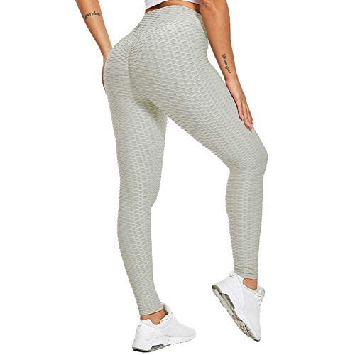 SotRong - Pantalones de yoga para mujer, cintura alta, con fruncido, para gimnasio, control de barriga, levantamiento de glúteos, Primavera-Verano, Mujer, color gris, tamaño 34