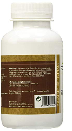 SOTYABELSAN Jengibre 120 Capsulas, mejora la Digestión, el tránsito Intestinal y las articulaciones, contrarresta Náuseas y Mareos, 430 mg.