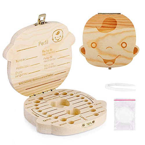 Spanish texto bebé dientes caja, Aitsite save cajas de madera personalizada caja de recuerdos de hoja caduca, personalizar personalizada bebé dientes caja (Chico)