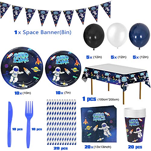 SPECOOL Artículos para Fiesta de Cumpleaños de Espacio,Vajilla para Fiestas Que Incluyen Pancartas,Globos,Platos,Tazas,Pajitas, Servilletas,Manteles,Tenedores y Cuchillos para decoración de Fiestas