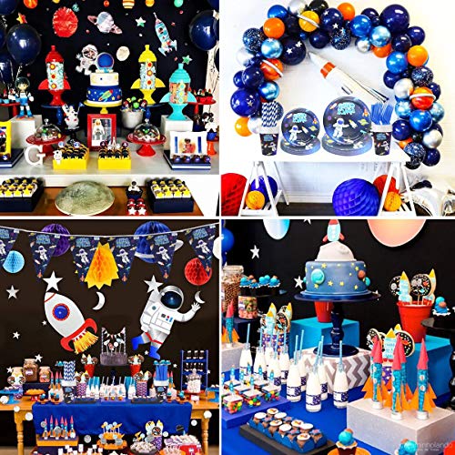 SPECOOL Artículos para Fiesta de Cumpleaños de Espacio,Vajilla para Fiestas Que Incluyen Pancartas,Globos,Platos,Tazas,Pajitas, Servilletas,Manteles,Tenedores y Cuchillos para decoración de Fiestas