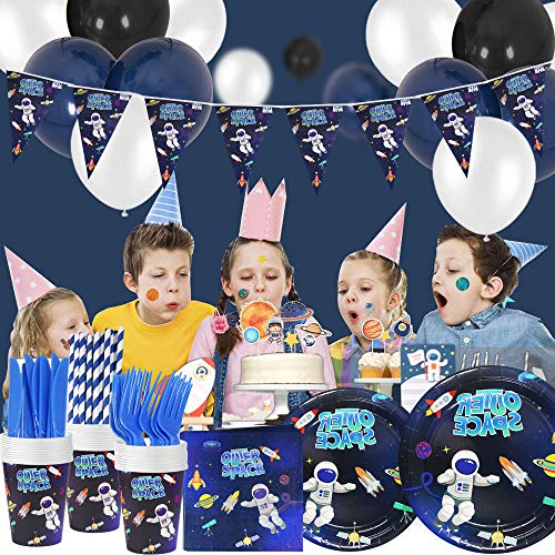SPECOOL Artículos para Fiesta de Cumpleaños de Espacio,Vajilla para Fiestas Que Incluyen Pancartas,Globos,Platos,Tazas,Pajitas, Servilletas,Manteles,Tenedores y Cuchillos para decoración de Fiestas