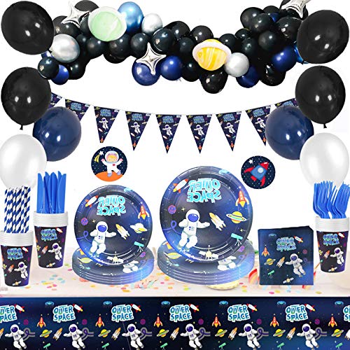 SPECOOL Artículos para Fiesta de Cumpleaños de Espacio,Vajilla para Fiestas Que Incluyen Pancartas,Globos,Platos,Tazas,Pajitas, Servilletas,Manteles,Tenedores y Cuchillos para decoración de Fiestas