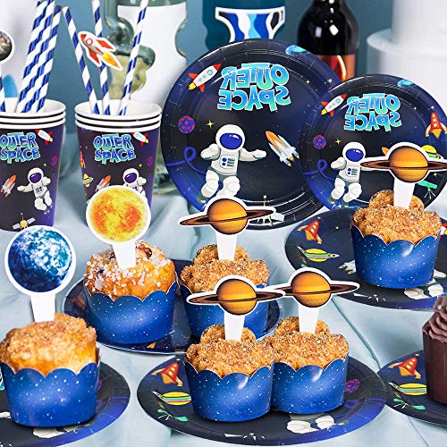 SPECOOL Artículos para Fiesta de Cumpleaños de Espacio,Vajilla para Fiestas Que Incluyen Pancartas,Globos,Platos,Tazas,Pajitas, Servilletas,Manteles,Tenedores y Cuchillos para decoración de Fiestas