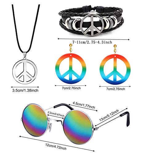 SPECOOL Conjunto de Disfraces Hippie Accesorios Hippie Collar y aretes Rainbow Peace Pulsera Rainbow Headband Gafas de Sol Estilo años 60 Halloween Hippy Dress Up para la Fiesta temática de los años