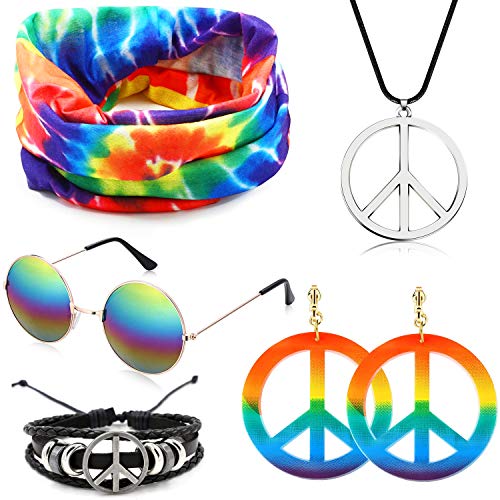 SPECOOL Conjunto de Disfraces Hippie Accesorios Hippie Collar y aretes Rainbow Peace Pulsera Rainbow Headband Gafas de Sol Estilo años 60 Halloween Hippy Dress Up para la Fiesta temática de los años