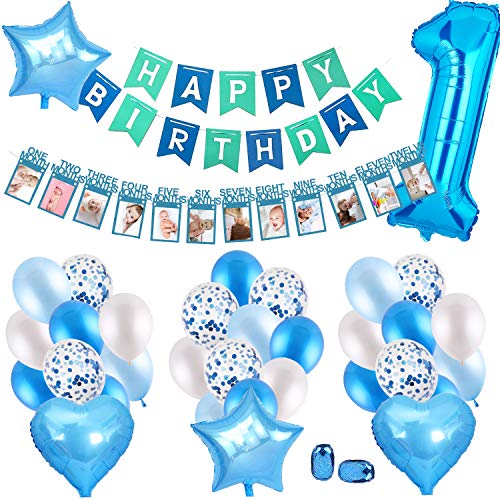 SPECOOL Decoración de cumpleaños de 1er cumpleaños,con Pancarta de Fotos para bebés de 1 a 12 Meses, Azul Pancarta de Feliz cumpleaños, Globos de látex y Confeti,para Suministros para Fiestas