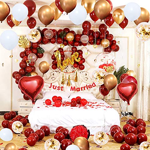 SPECOOL Guirnalda de Globos Rojos y Dorados, 110 Globos de Látex Rojo Rubí, Blancos, Hojas de Palma,Globos Metálicos Dorados, Globos de Confeti,Decoración para niñas,Mujeres,Cumpleaños, Bodas,Navidad