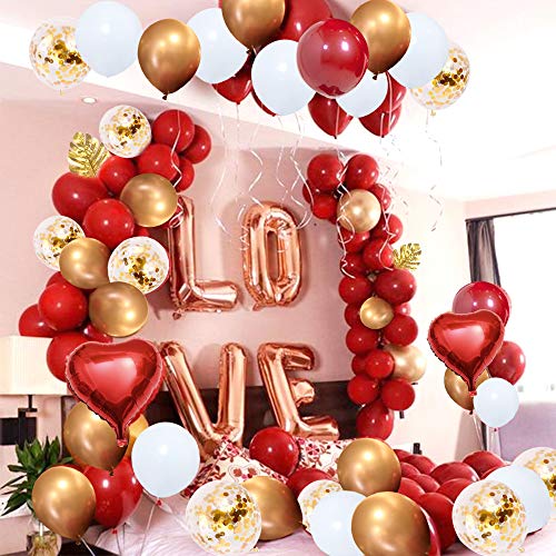 SPECOOL Guirnalda de Globos Rojos y Dorados, 110 Globos de Látex Rojo Rubí, Blancos, Hojas de Palma,Globos Metálicos Dorados, Globos de Confeti,Decoración para niñas,Mujeres,Cumpleaños, Bodas,Navidad