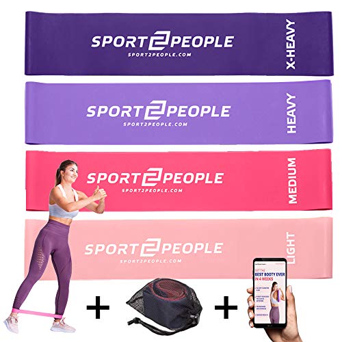 sport2people Juego de Bandas de Ejercicio con 2 Libros electrónicos de Ejercicios para fortalecimiento Muscular y Fisioterapia – Mini Fitness Bandas para glúteo, Cadera y piernas (4 Set Pink)