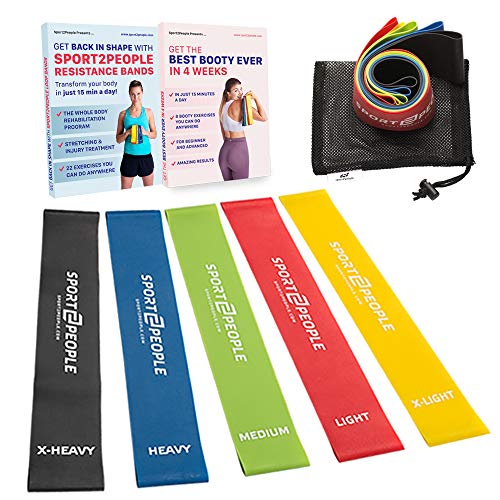 sport2people Juego de Bandas de Ejercicio con 2 Libros electrónicos de Ejercicios para fortalecimiento Muscular y Fisioterapia – Mini Fitness Bandas para glúteo, Cadera y piernas