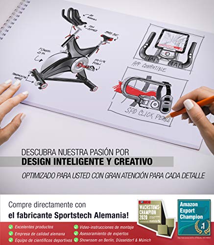 Sportstech Bicicleta estática Profesional SX500 -Marca de Calidad Alemana -Eventos en Vivo y App Multijugador, Volante de 25KG, Compatible con pulsómetro, Pedales de Click SPD, hasta 150KG, con eBook
