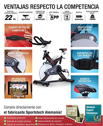 Sportstech SX400 Bicicleta estática Profesional con App Control para Smartphone, Kinomap, Disco de inercia de 22Kg con Sistema por Correa silencioso (SX400 sin Montar)