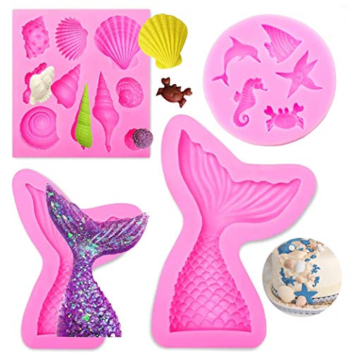 Sprießen de 4 Piezas Molde de Sirena Molde de Silicona, Marina Animales Moldes Silicona, Moldes Silicona Reposteria para Decorar Pasteles, Chocolate, gelatina, Dulces