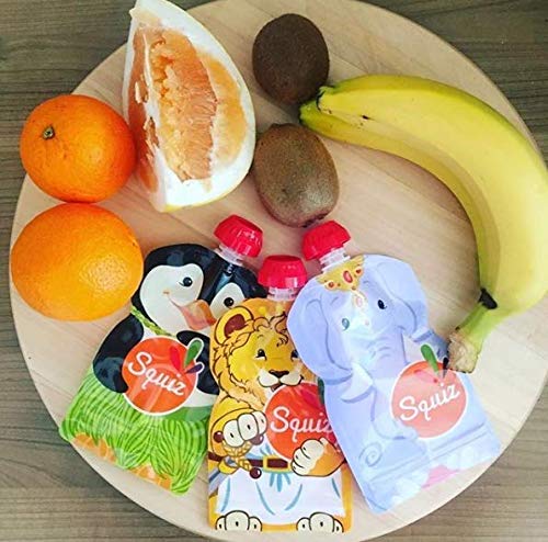 SQUIZ - 3 Bolsitas recargables y reutilizables 130ml para compotas y purés perfectas para niños, adolescentes y adultos // Libre de BPA - HECHO EN SUIZA