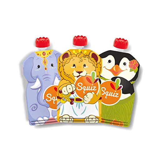 SQUIZ - 3 Bolsitas recargables y reutilizables 130ml para compotas y purés perfectas para niños, adolescentes y adultos // Libre de BPA - HECHO EN SUIZA